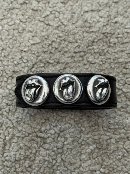 Chrome Hearts 3 Silver Rolling Stone Snap Button Black Leather Bracelet