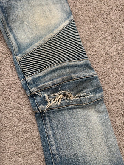 Balmain by Olivier Rousteing Blue Washed Zip Biker Denim Jeans