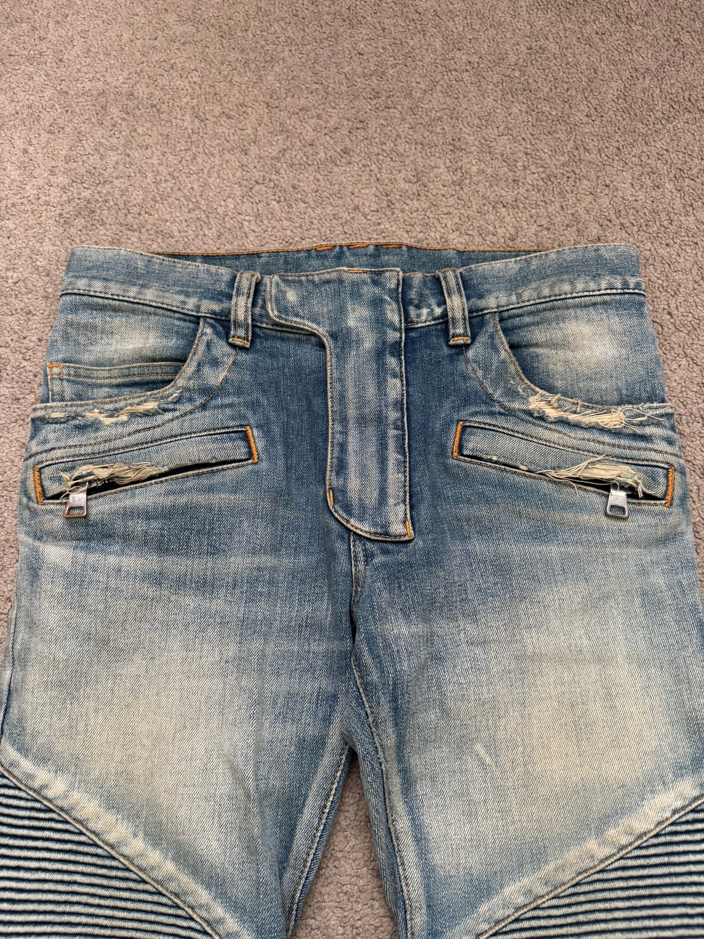 Balmain by Olivier Rousteing Blue Washed Zip Biker Denim Jeans