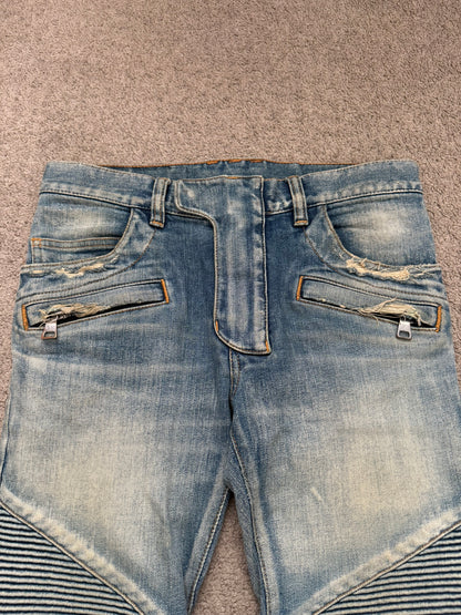Balmain by Olivier Rousteing Blue Washed Zip Biker Denim Jeans