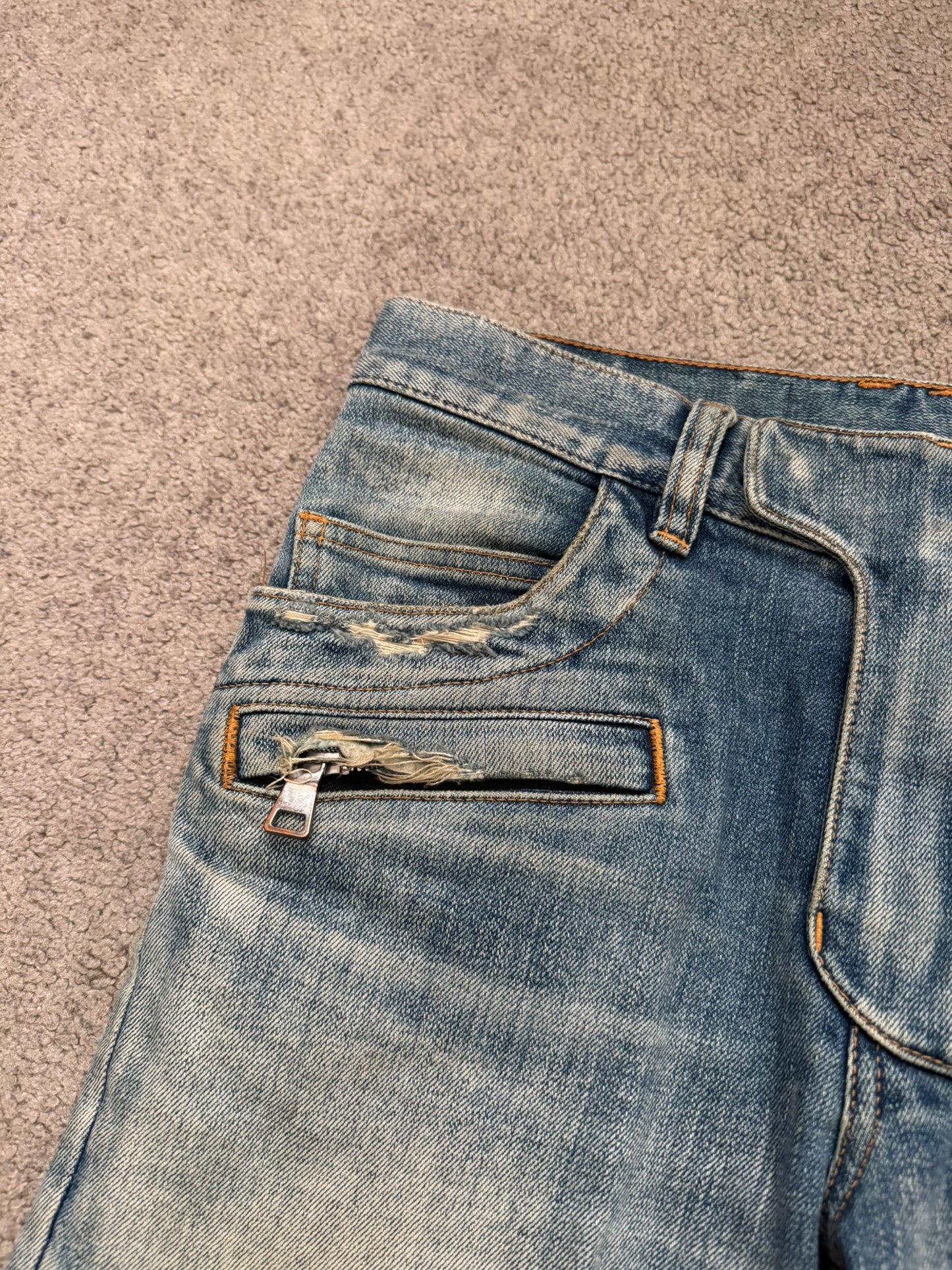 Balmain by Olivier Rousteing Blue Washed Zip Biker Denim Jeans