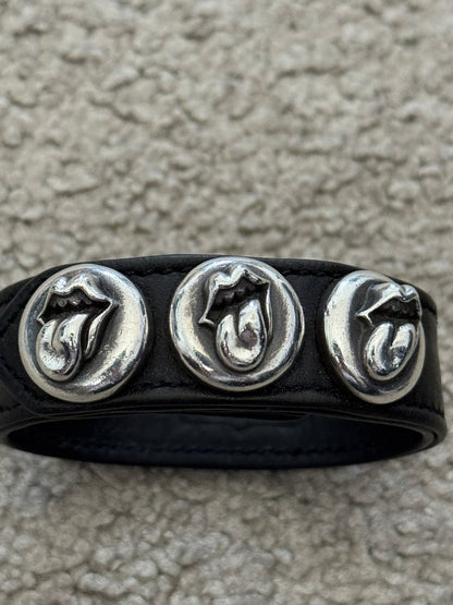 Chrome Hearts 3 Silver Rolling Stone Snap Button Black Leather Bracelet