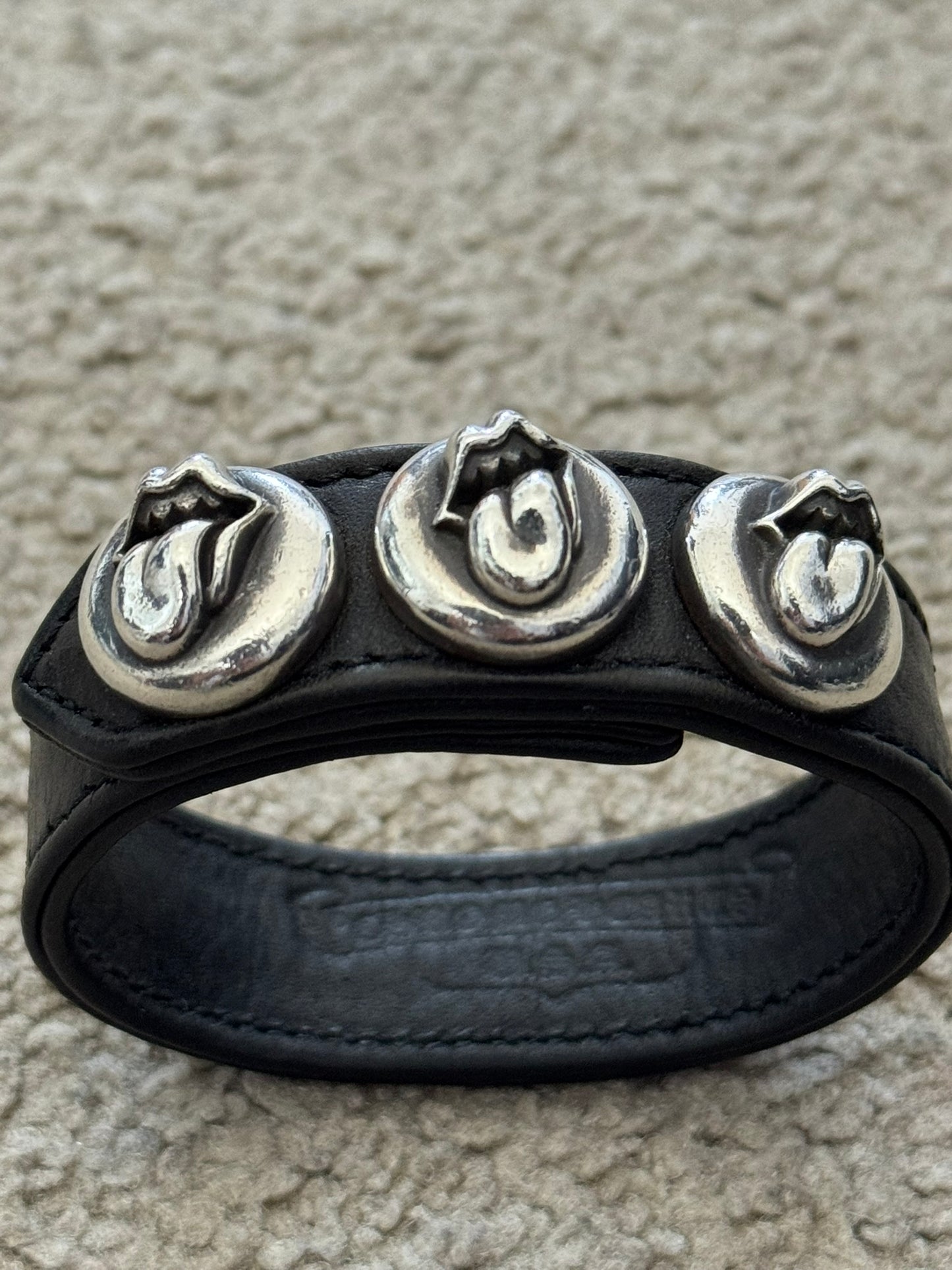 Chrome Hearts 3 Silver Rolling Stone Snap Button Black Leather Bracelet