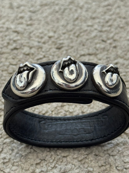 Chrome Hearts 3 Silver Rolling Stone Snap Button Black Leather Bracelet