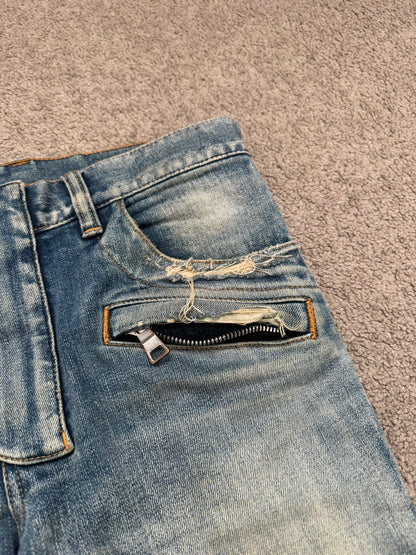 Balmain by Olivier Rousteing Blue Washed Zip Biker Denim Jeans
