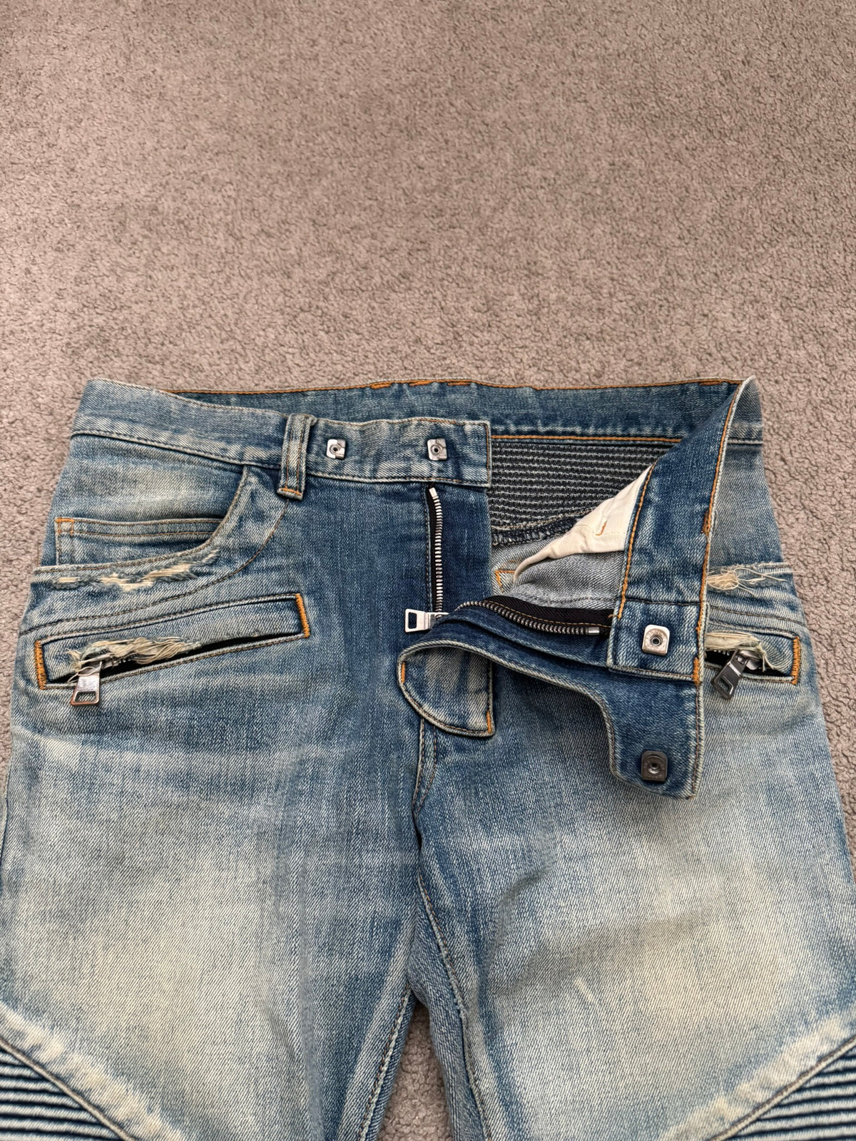 Balmain by Olivier Rousteing Blue Washed Zip Biker Denim Jeans