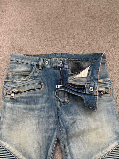 Balmain by Olivier Rousteing Blue Washed Zip Biker Denim Jeans