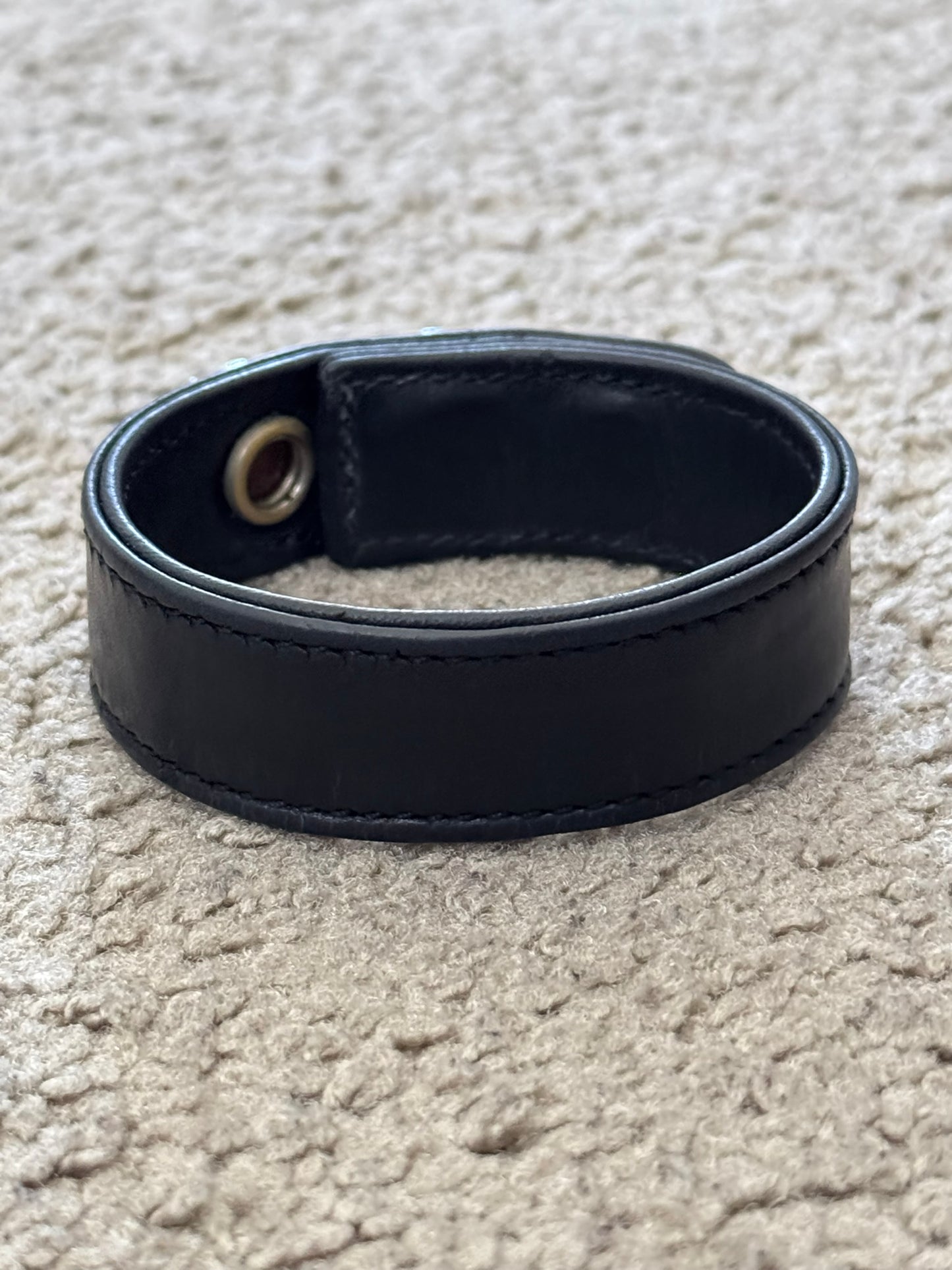 Chrome Hearts 3 Silver Rolling Stone Snap Button Black Leather Bracelet