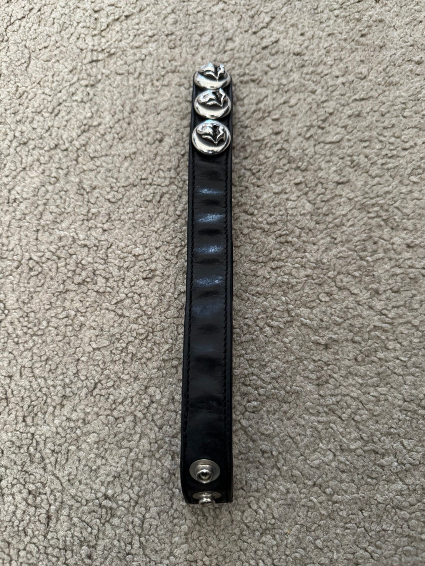 Chrome Hearts 3 Silver Rolling Stone Snap Button Black Leather Bracelet