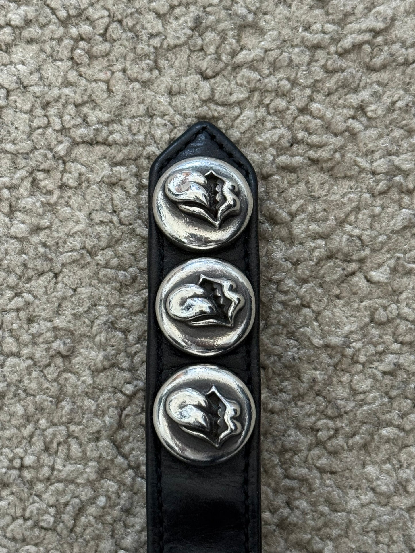 Chrome Hearts 3 Silver Rolling Stone Snap Button Black Leather Bracelet