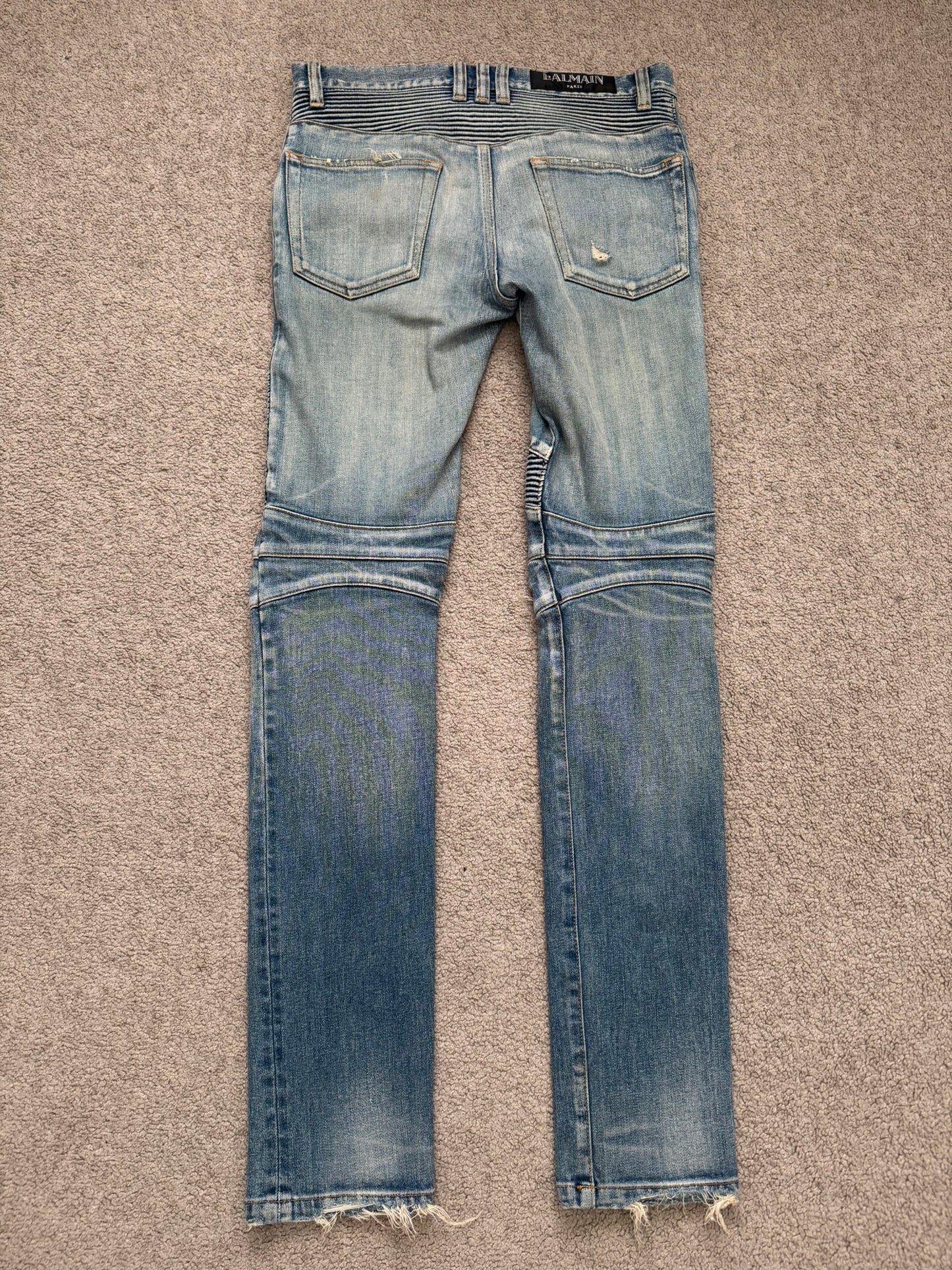 Balmain by Olivier Rousteing Blue Washed Zip Biker Denim Jeans