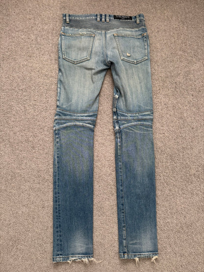 Balmain by Olivier Rousteing Blue Washed Zip Biker Denim Jeans