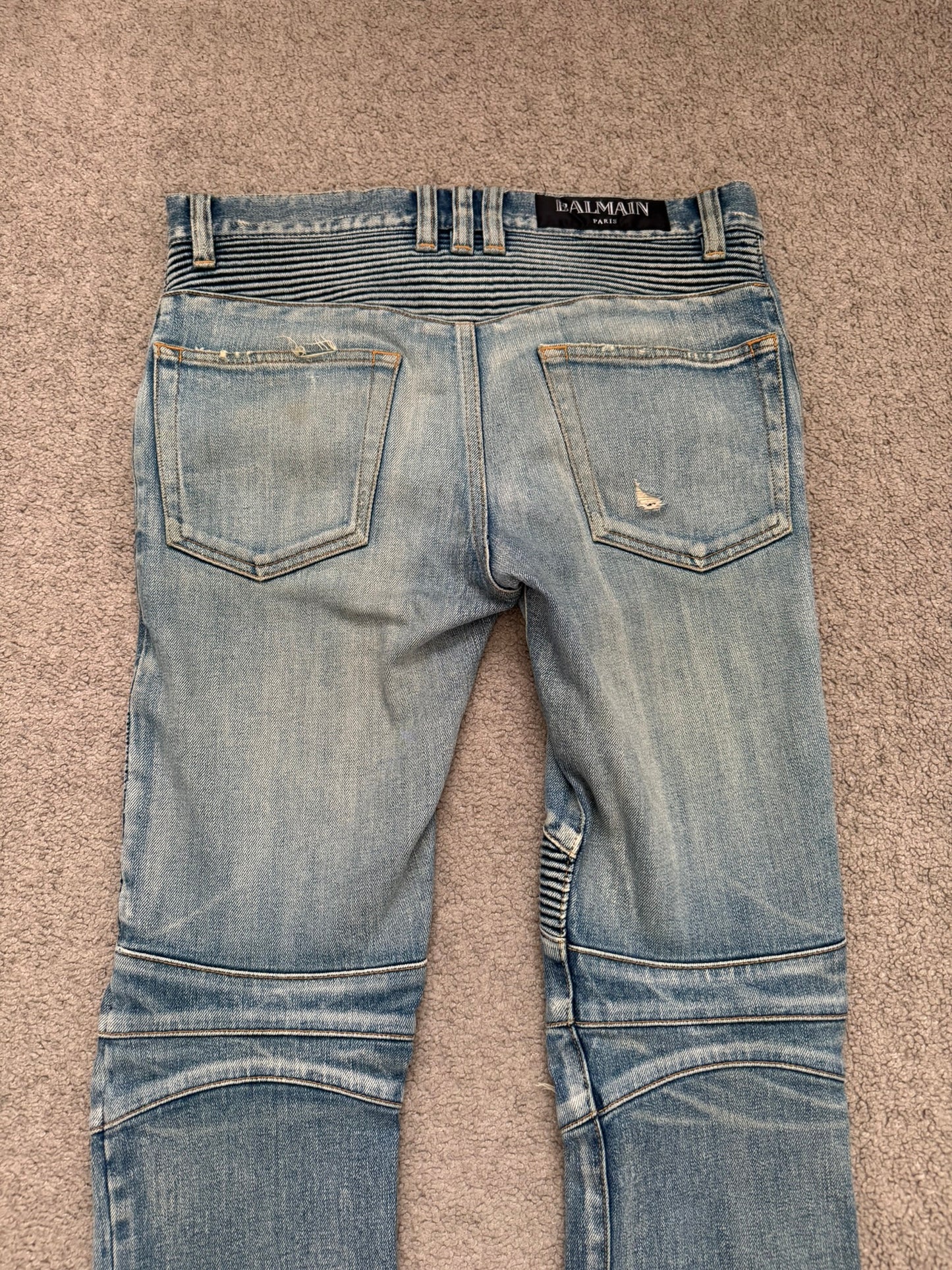Balmain by Olivier Rousteing Blue Washed Zip Biker Denim Jeans