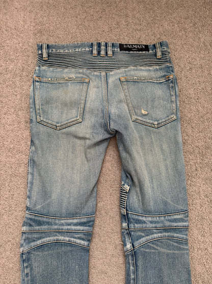 Balmain by Olivier Rousteing Blue Washed Zip Biker Denim Jeans