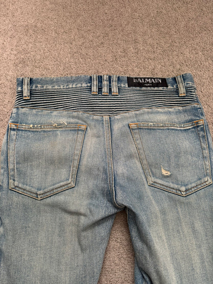 Balmain by Olivier Rousteing Blue Washed Zip Biker Denim Jeans