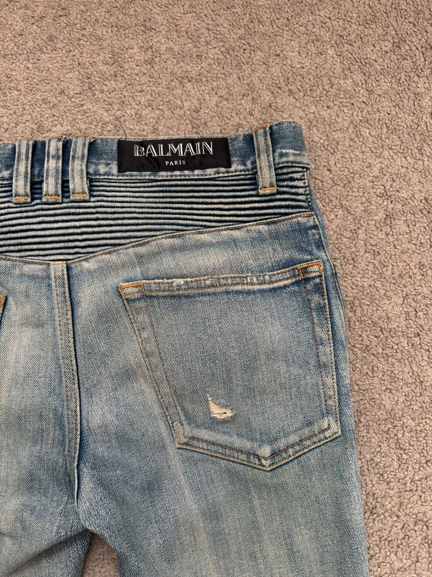 Balmain by Olivier Rousteing Blue Washed Zip Biker Denim Jeans