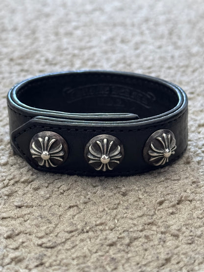 Chrome Hearts 3 Silver Cross Snap Button Black Leather Bracelet
