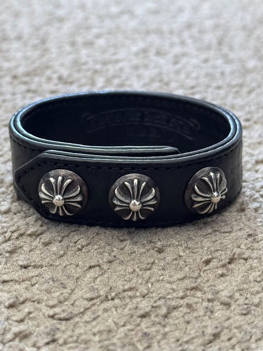 Chrome Hearts 3 Silver Cross Snap Button Black Leather Bracelet