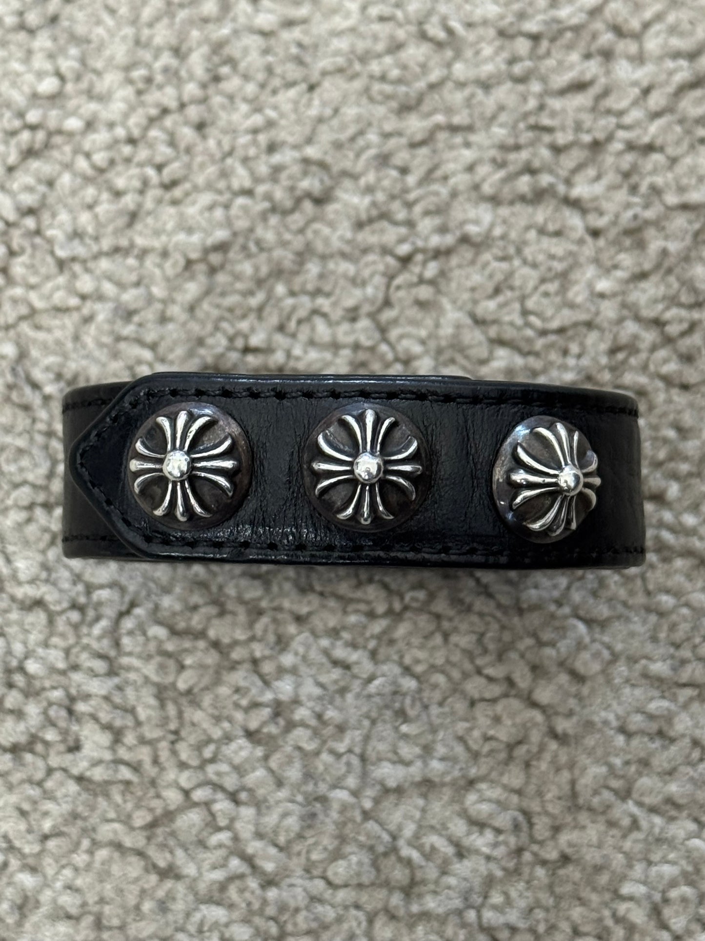 Chrome Hearts 3 Silver Cross Snap Button Black Leather Bracelet