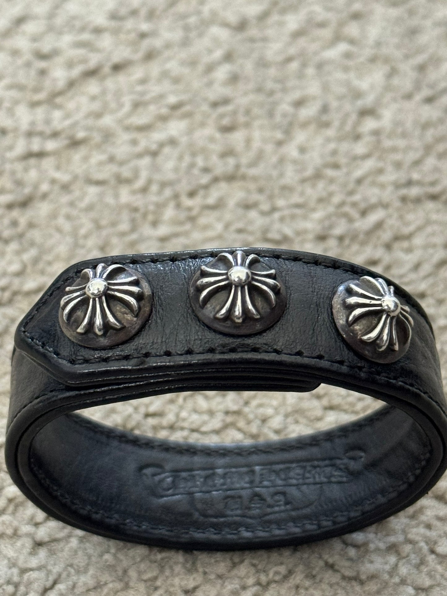 Chrome Hearts 3 Silver Cross Snap Button Black Leather Bracelet