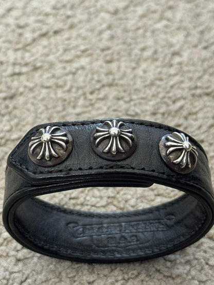 Chrome Hearts 3 Silver Cross Snap Button Black Leather Bracelet