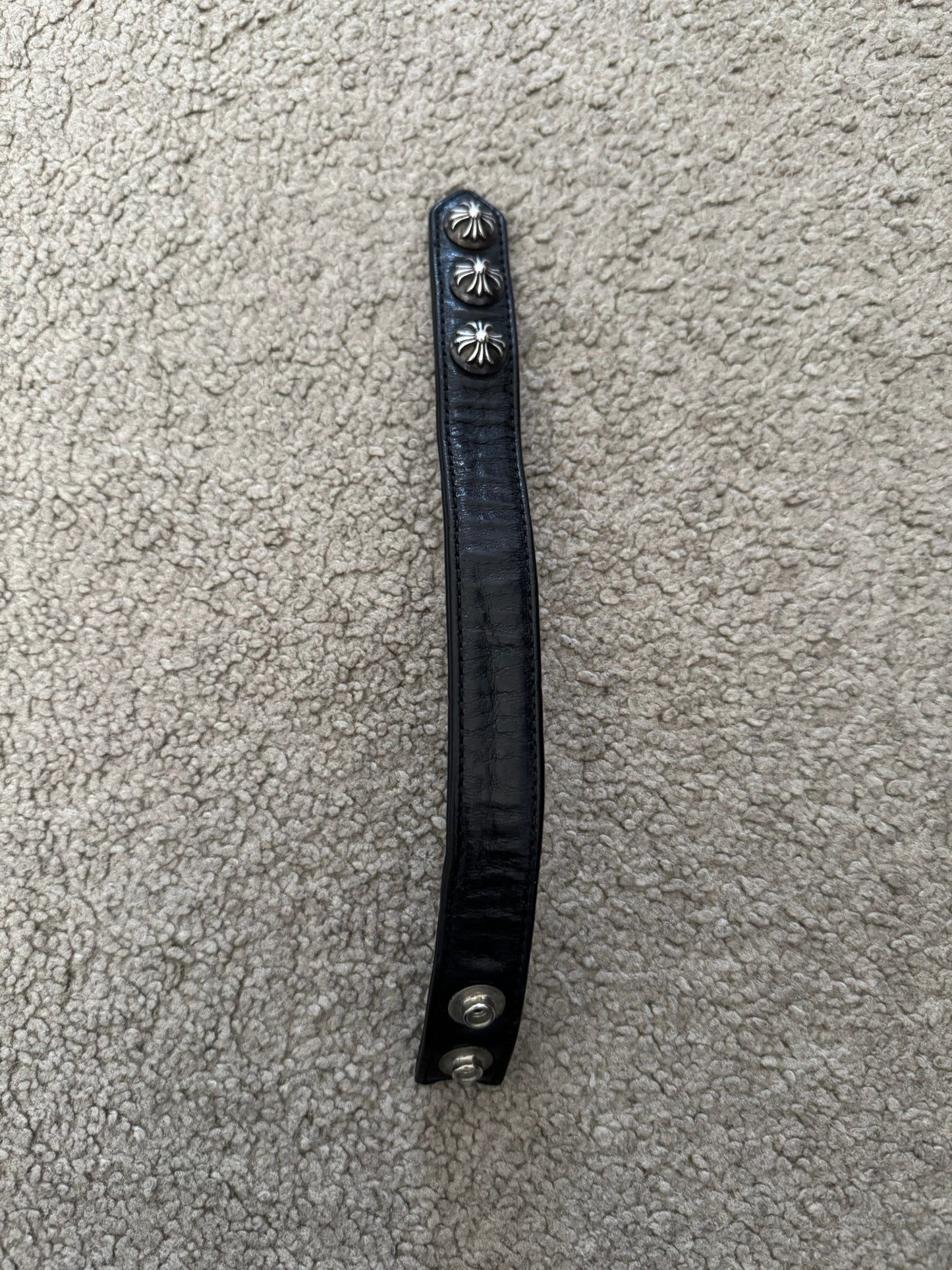 Chrome Hearts 3 Silver Cross Snap Button Black Leather Bracelet