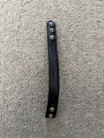 Chrome Hearts 3 Silver Cross Snap Button Black Leather Bracelet