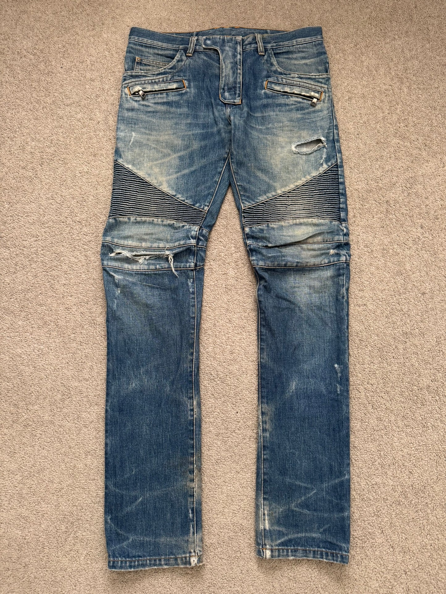 FW12 Balmain by Olivier Rousteing Washed Zip Biker Denim Jeans