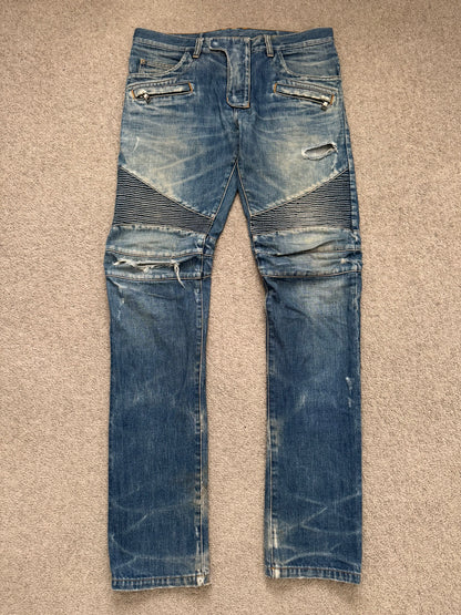 FW12 Balmain by Olivier Rousteing Washed Zip Biker Denim Jeans