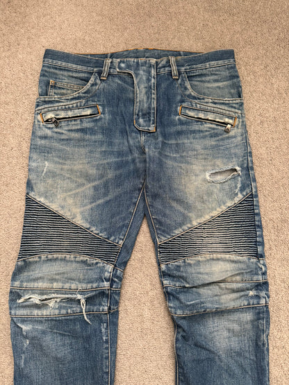 FW12 Balmain by Olivier Rousteing Washed Zip Biker Denim Jeans