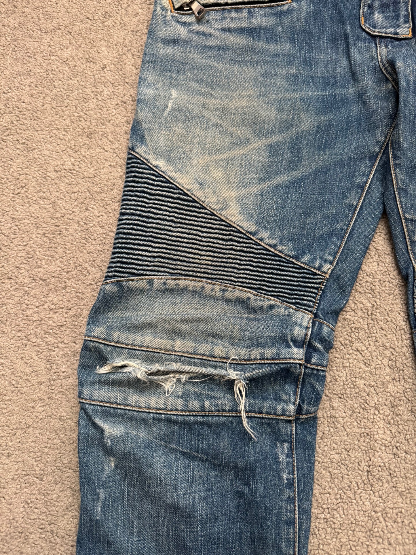 FW12 Balmain by Olivier Rousteing Washed Zip Biker Denim Jeans