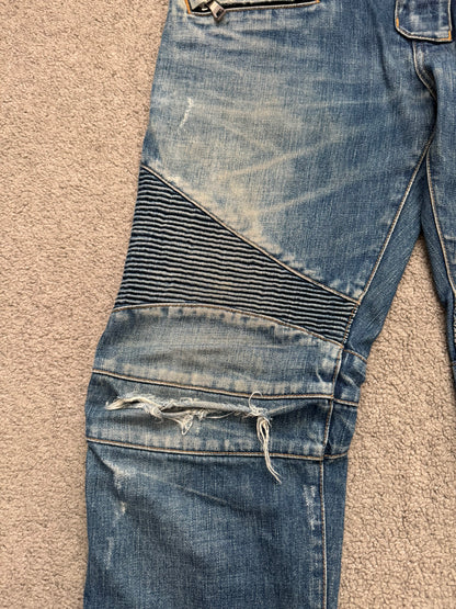 FW12 Balmain by Olivier Rousteing Washed Zip Biker Denim Jeans
