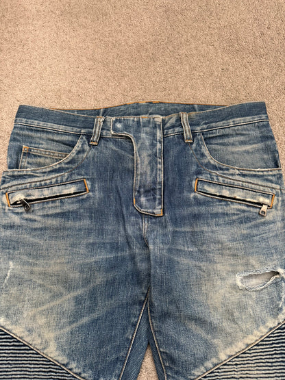 FW12 Balmain by Olivier Rousteing Washed Zip Biker Denim Jeans