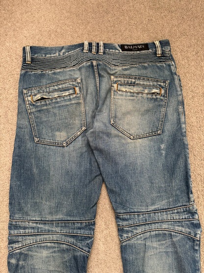 FW12 Balmain by Olivier Rousteing Washed Zip Biker Denim Jeans