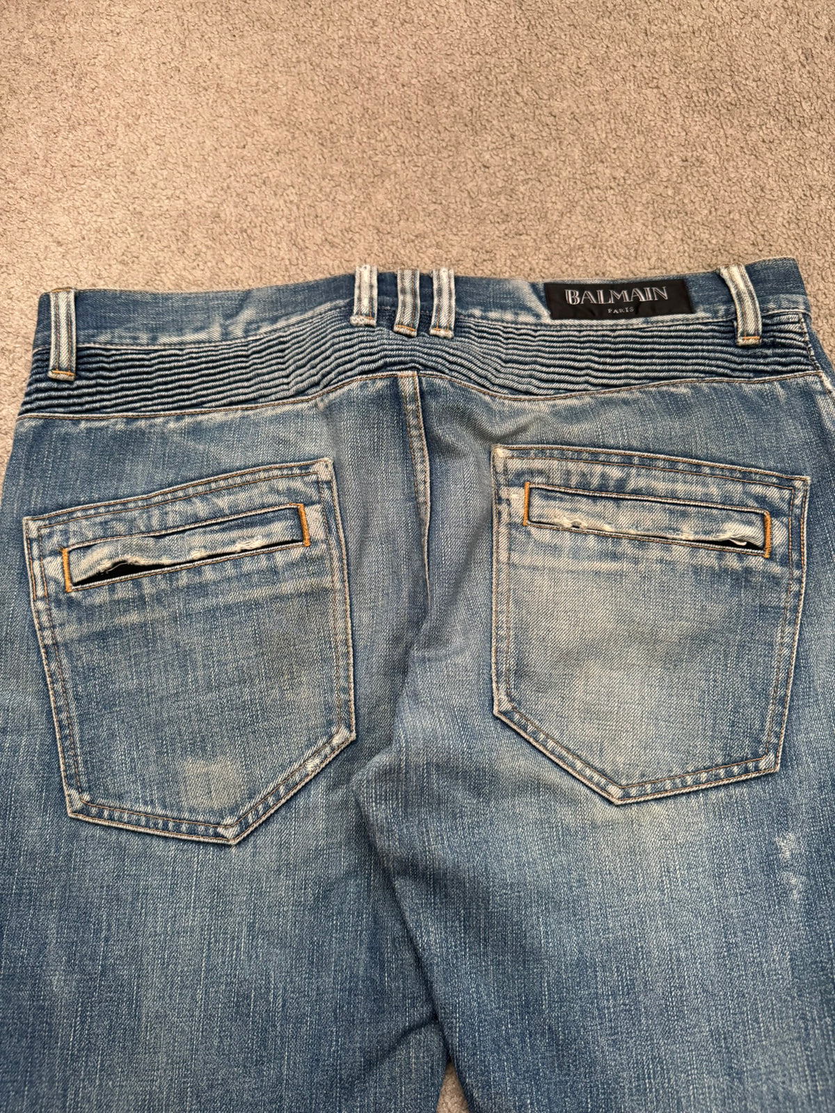 FW12 Balmain by Olivier Rousteing Washed Zip Biker Denim Jeans