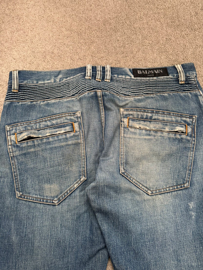 FW12 Balmain by Olivier Rousteing Washed Zip Biker Denim Jeans