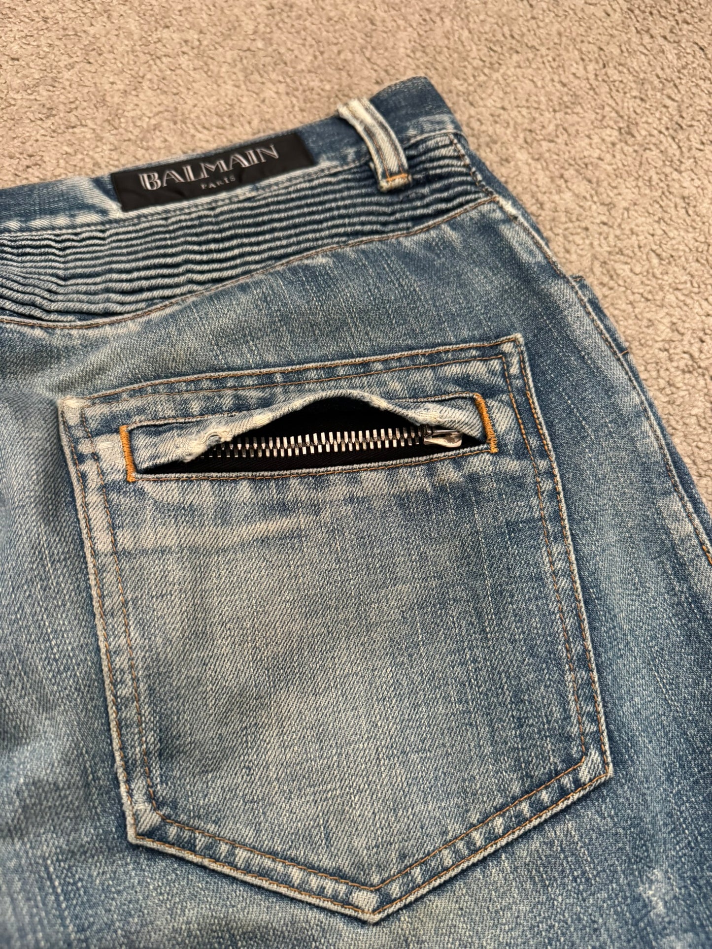 FW12 Balmain by Olivier Rousteing Washed Zip Biker Denim Jeans