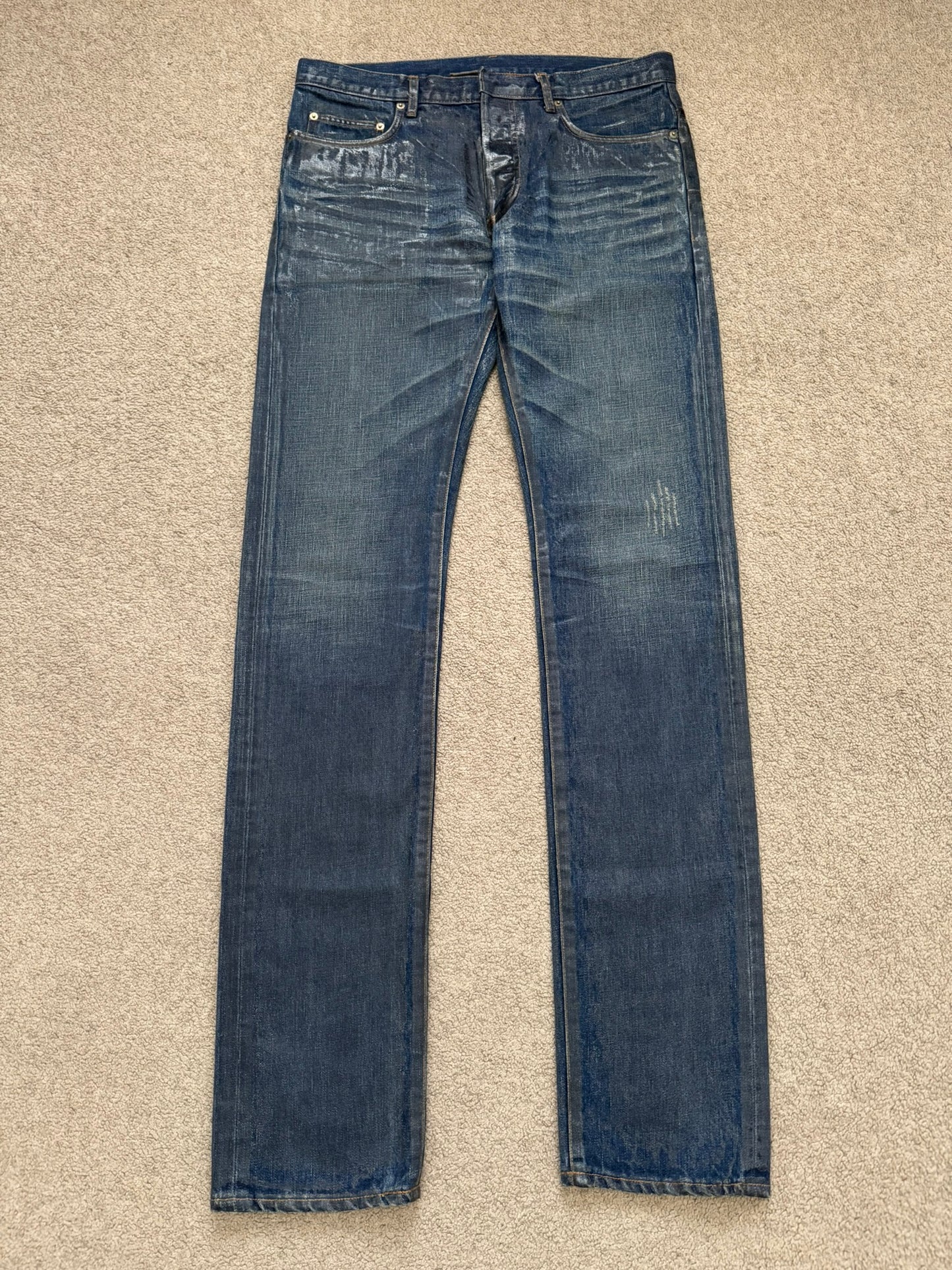AW07 Dior Homme by Hedi Slimane "Luster" Blue Waxed Clawmark Denim Jeans