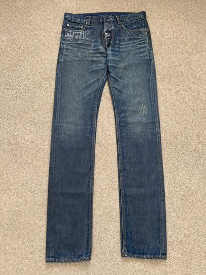 AW07 Dior Homme by Hedi Slimane "Luster" Blue Waxed Clawmark Denim Jeans