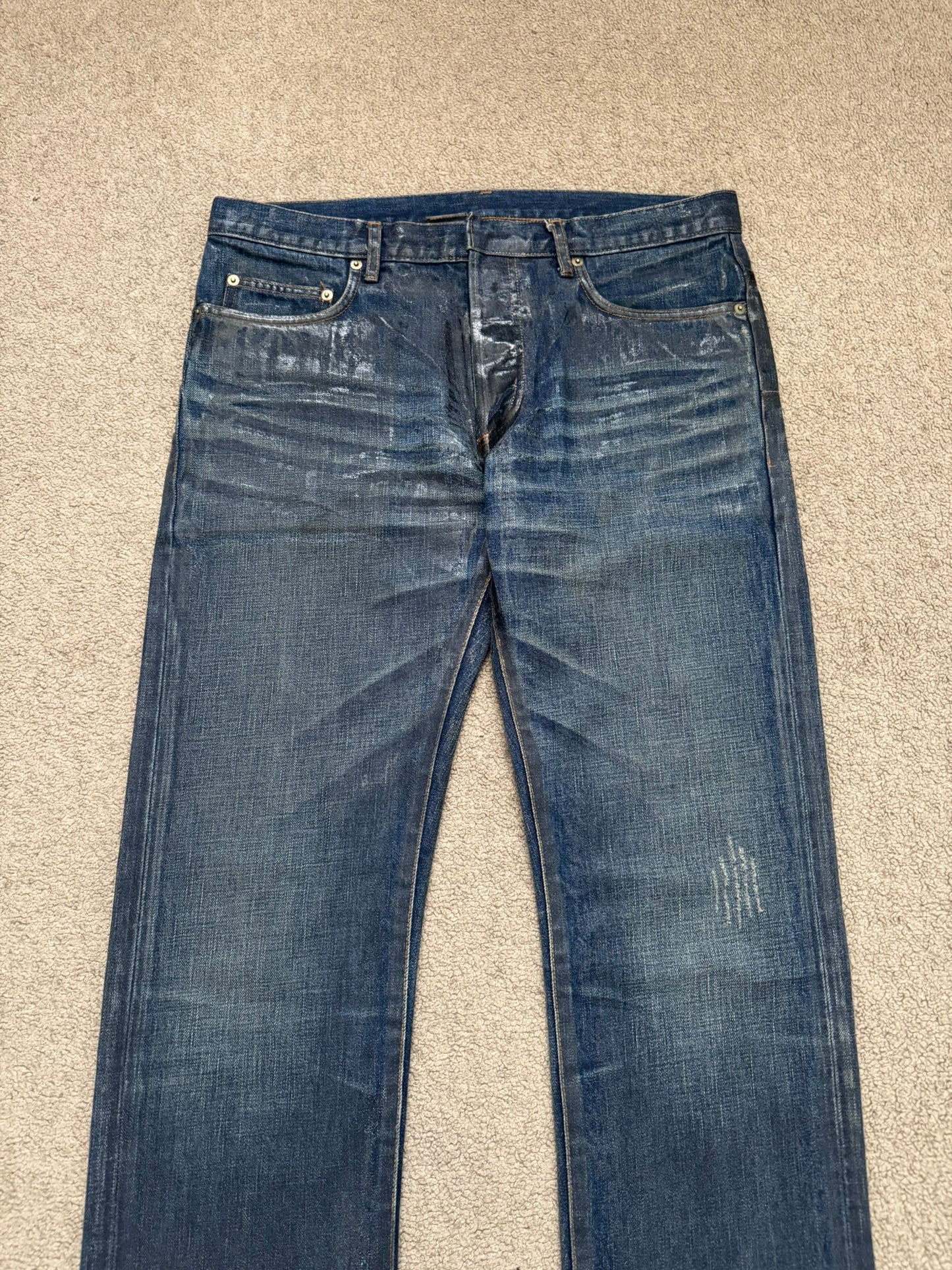 AW07 Dior Homme by Hedi Slimane "Luster" Blue Waxed Clawmark Denim Jeans