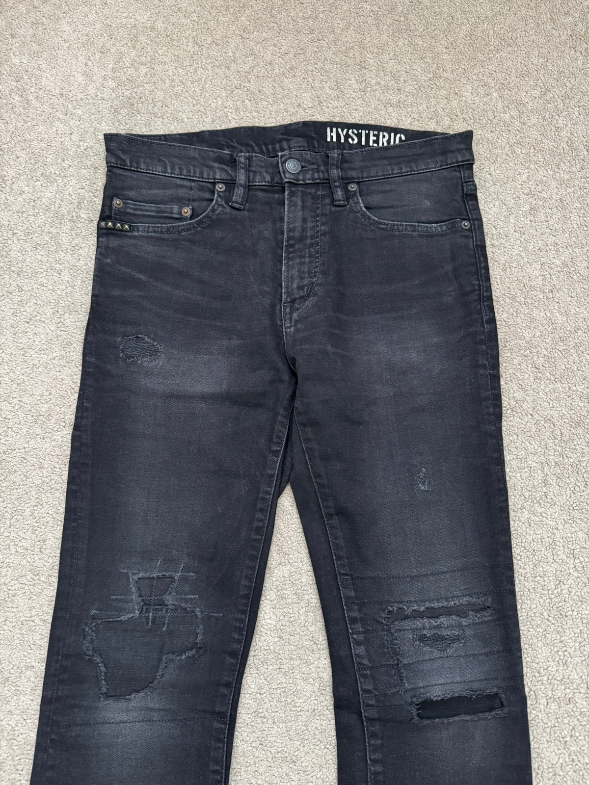 Hysteric Glamour Distressed Patch Studded Black Denim Jeans