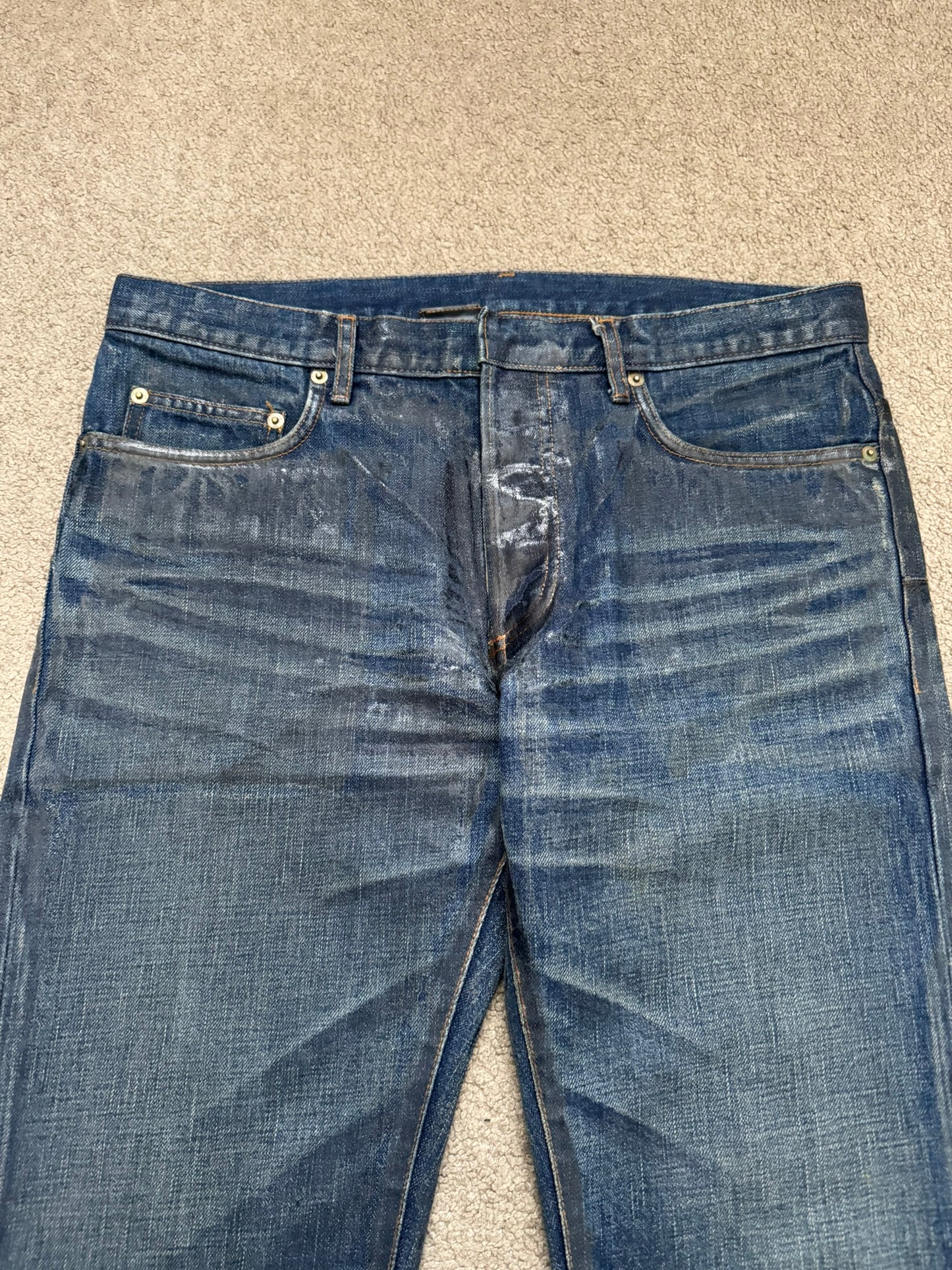 AW07 Dior Homme by Hedi Slimane "Luster" Blue Waxed Clawmark Denim Jeans