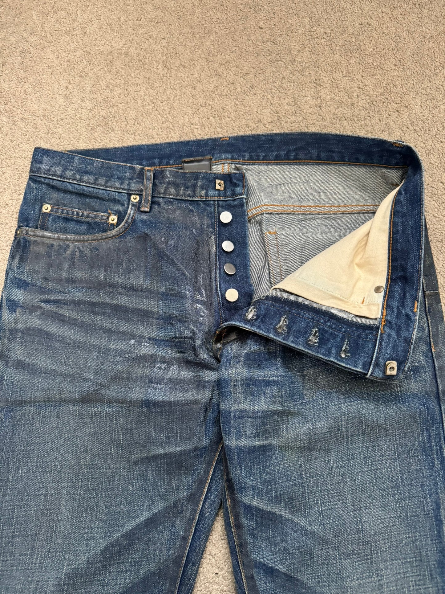 AW07 Dior Homme by Hedi Slimane "Luster" Blue Waxed Clawmark Denim Jeans