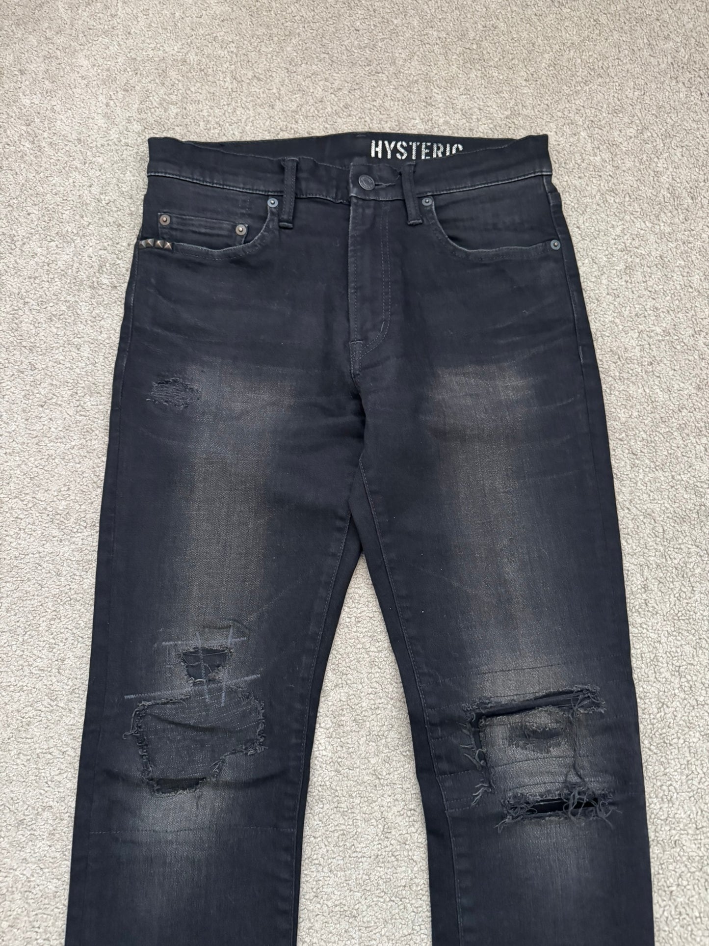 Hysteric Glamour Distressed Patch Studded Black Denim Jeans