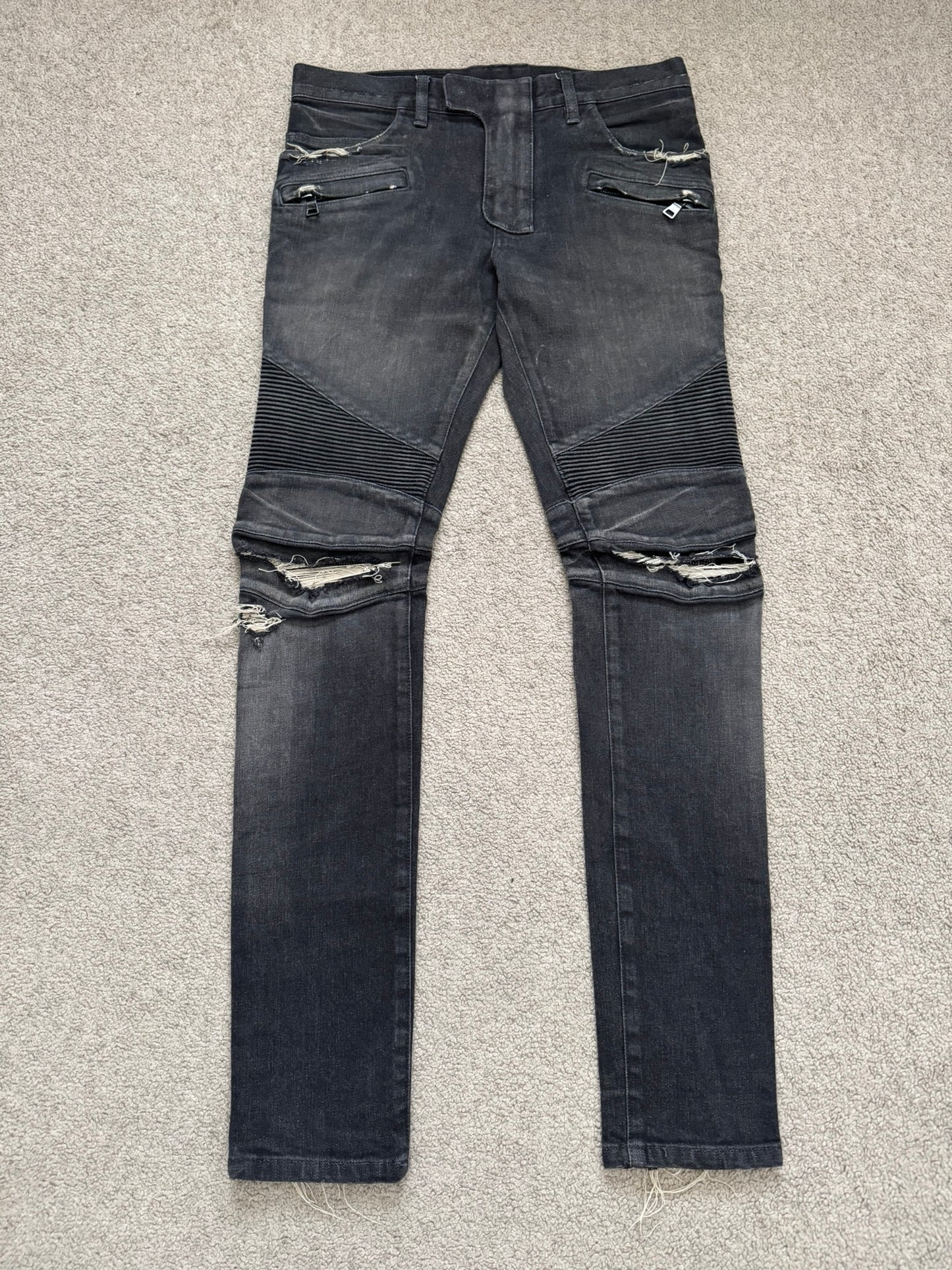 Balmain by Olivier Rousteing Distressed Zip Biker Denim Jeans