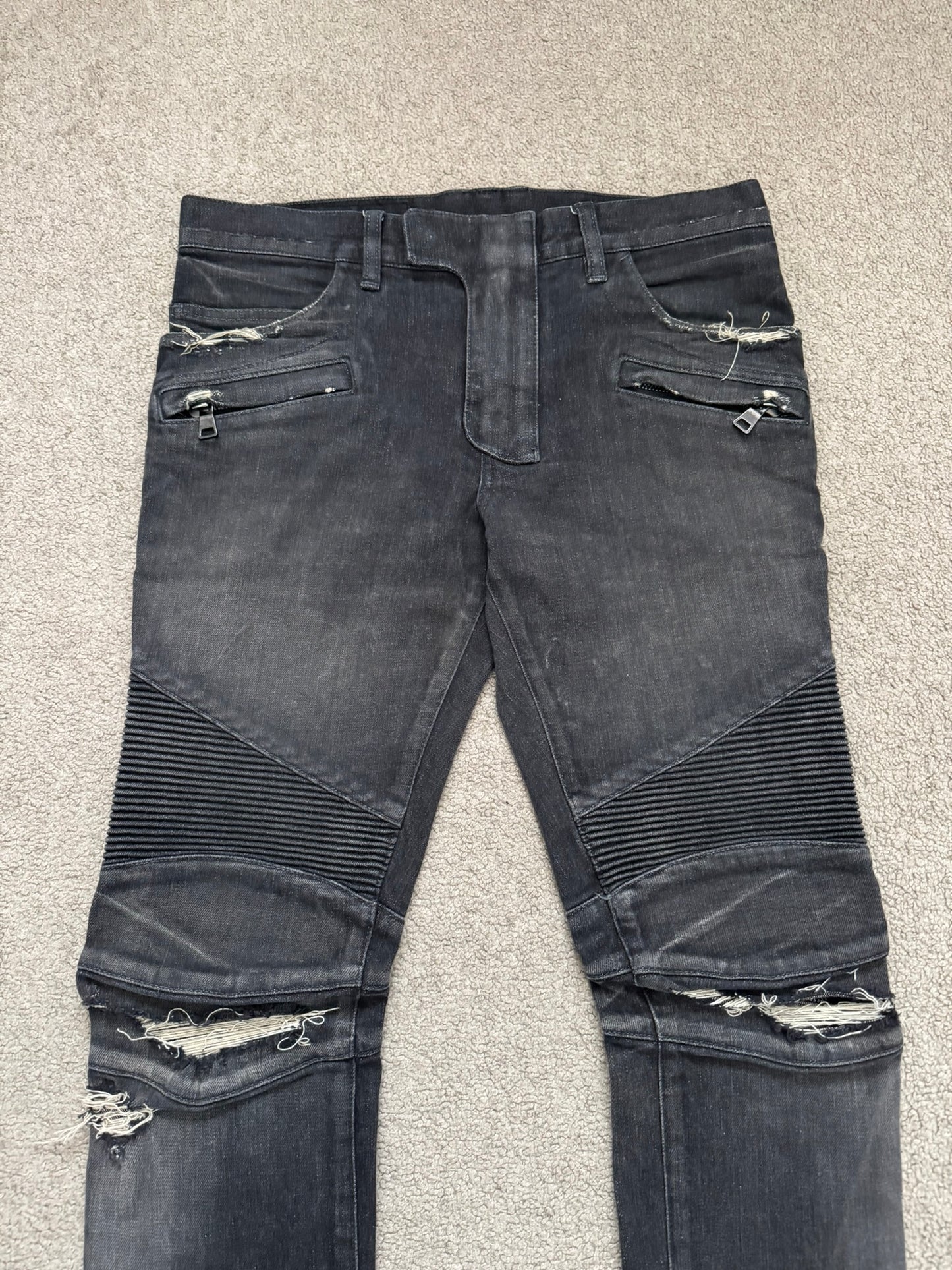Balmain by Olivier Rousteing Distressed Zip Biker Denim Jeans