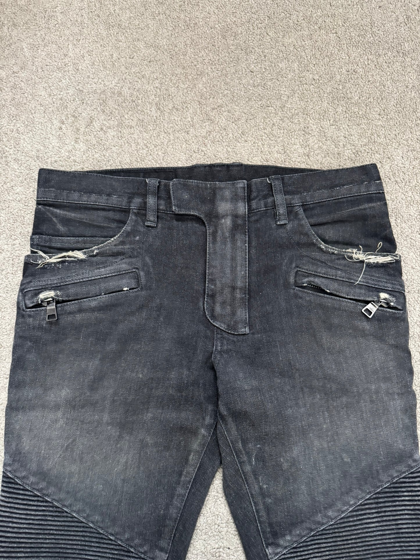 Balmain by Olivier Rousteing Distressed Zip Biker Denim Jeans
