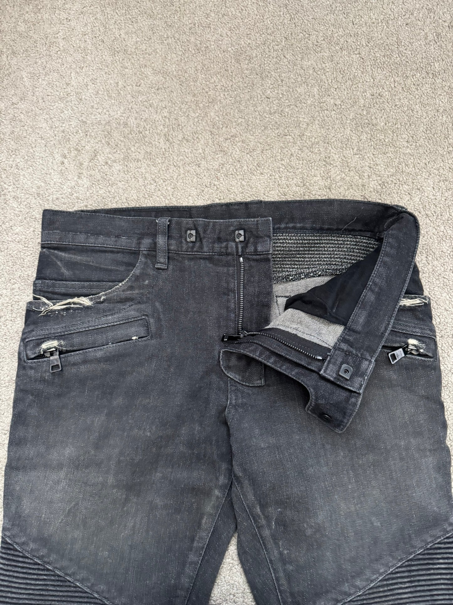 Balmain by Olivier Rousteing Distressed Zip Biker Denim Jeans