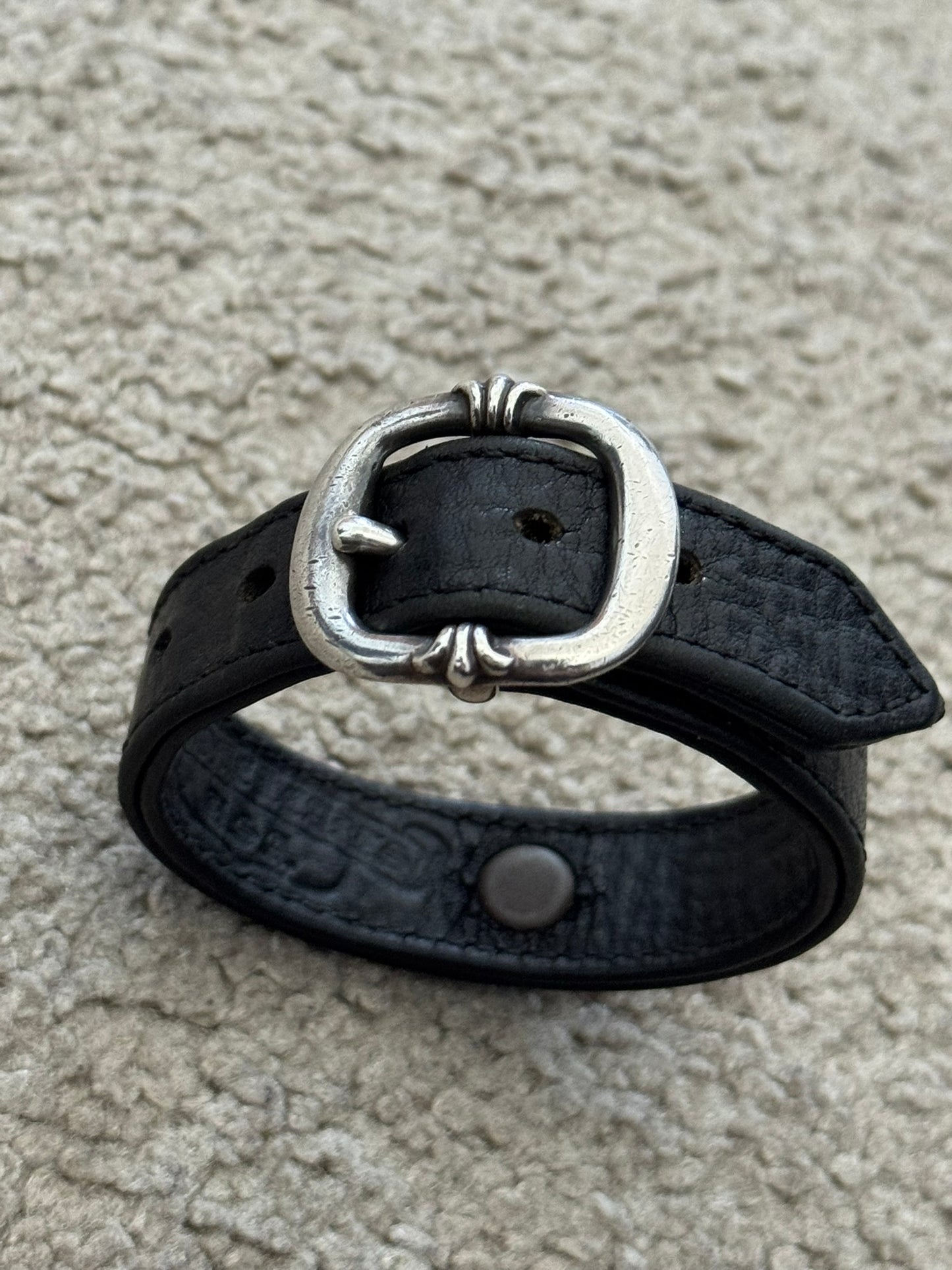 Chrome Hearts Gunslinger Silver Buckle Black Leather Bracelet