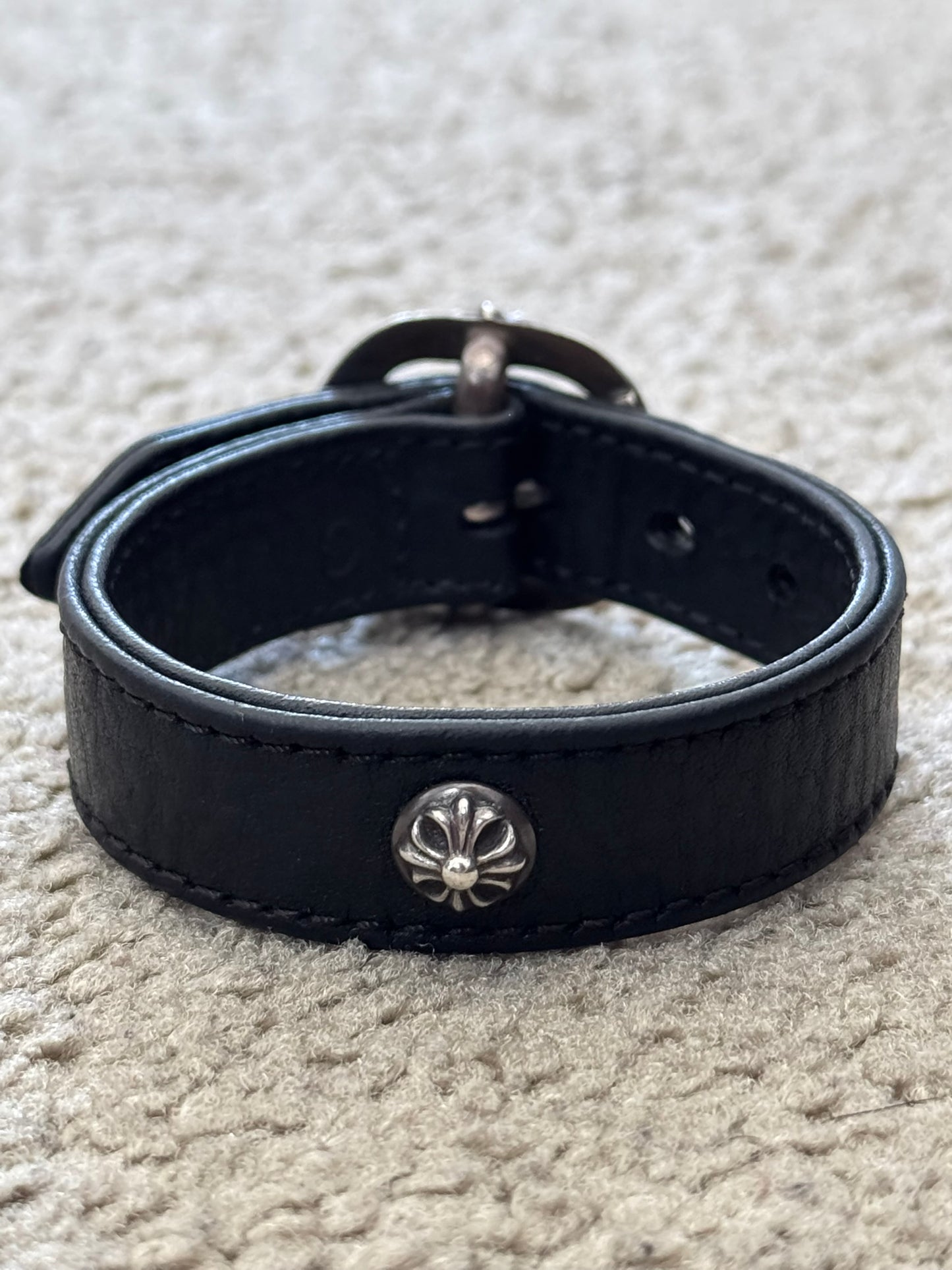 Chrome Hearts Gunslinger Silver Buckle Black Leather Bracelet